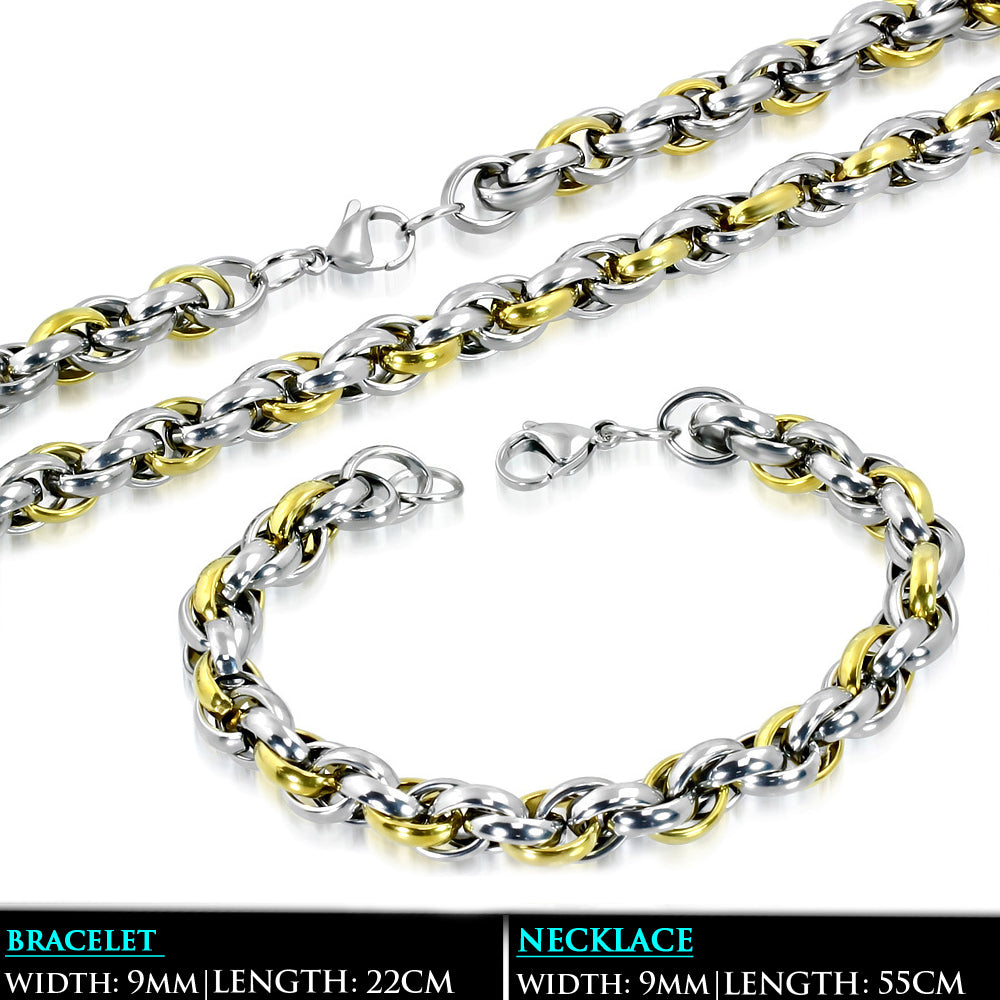 L55cm W9mm | Stainless Steel 2-tone Lobster Claw Clasp Elliptical Link Chain & Bracelet (SET)