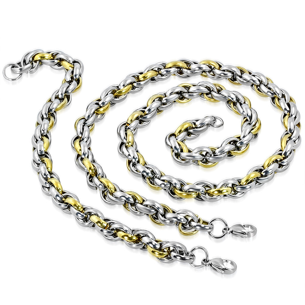 L55cm W9mm | Stainless Steel 2-tone Lobster Claw Clasp Elliptical Link Chain & Bracelet (SET)