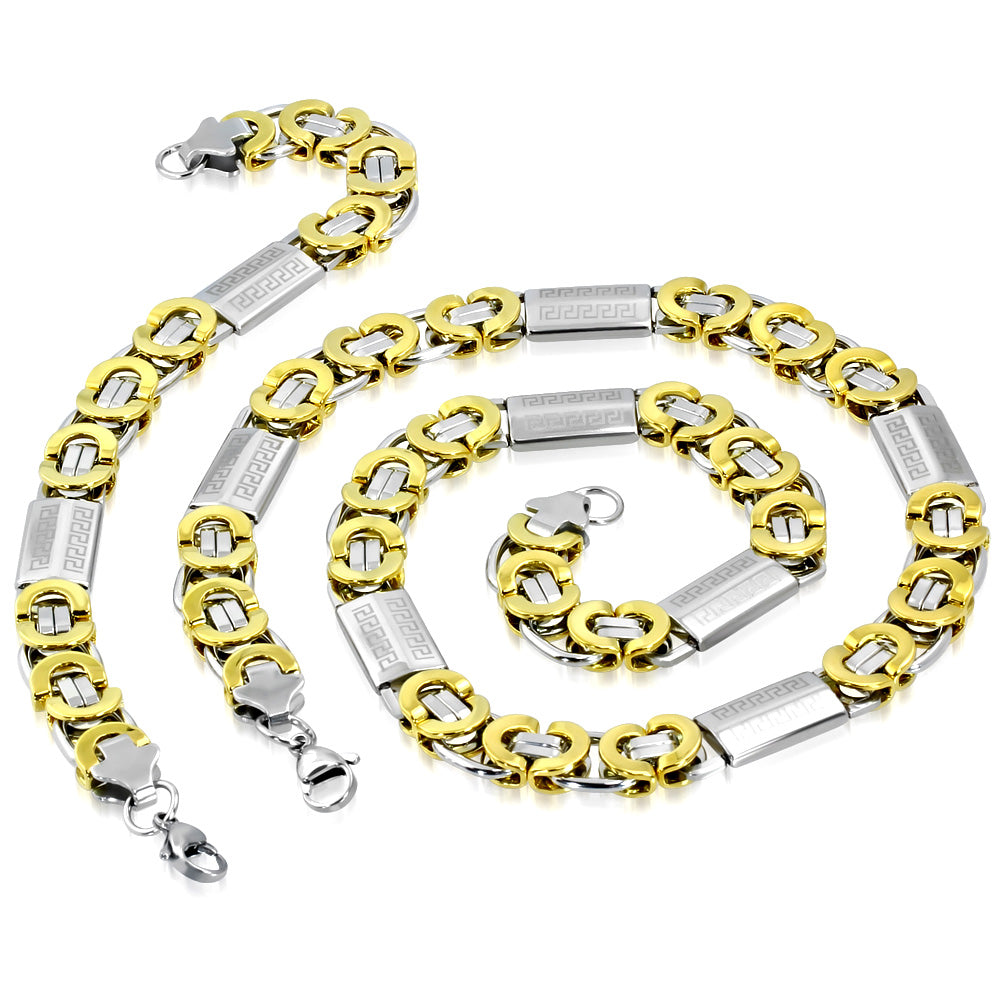 L55cm W11mm | Stainless Steel 2-tone Lobster Claw Clasp Greek Key Byzantine Link Chain & Bracelet (SET)