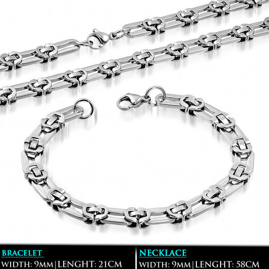 L58cm W9mm | Stainless Steel Lobster Claw Clasp Flat Oval Link Chain & Bracelet (SET)