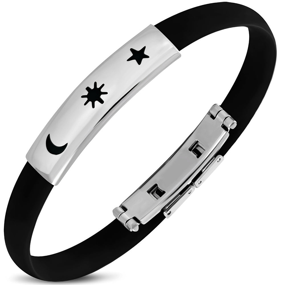 Black Rubber w/ Stainless Steel Cut-out Star Sun Emblem Half-Moon Crescent Watch-Style Bracelet
