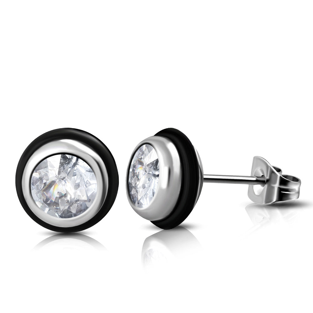 7mm | Stainless Steel Bezel-Set Round Circle Stud Earrings w/ Clear CZ & ORings (pair)