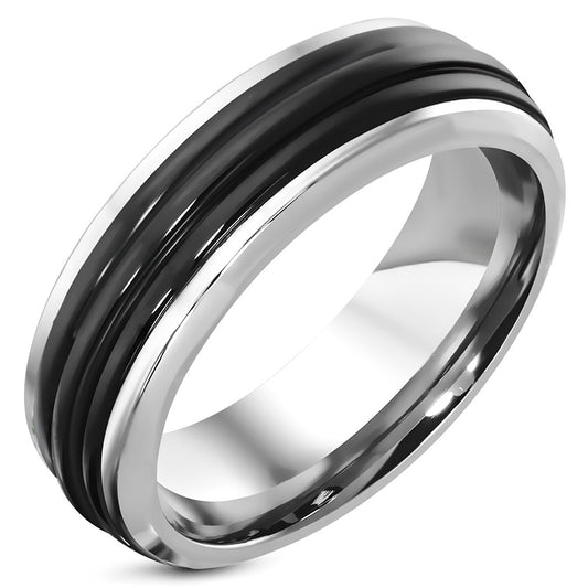 8mm | Stainless Steel 2-tone Ribbed Comfort Fit Half-Round Band Ring
