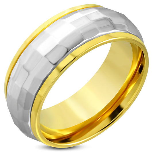 10mm | Gold Color Plated Stainless Steel 2-­tone Faceted Comfort Fit Half-­Round Band Ring ­