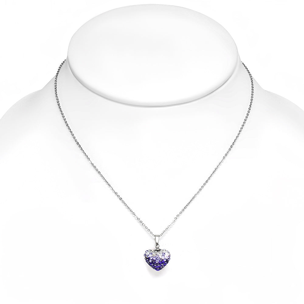 Stainless Steel Love Heart Shamballa Charm Chain Necklace w/ Clear & Light Purple/ Violet CZ