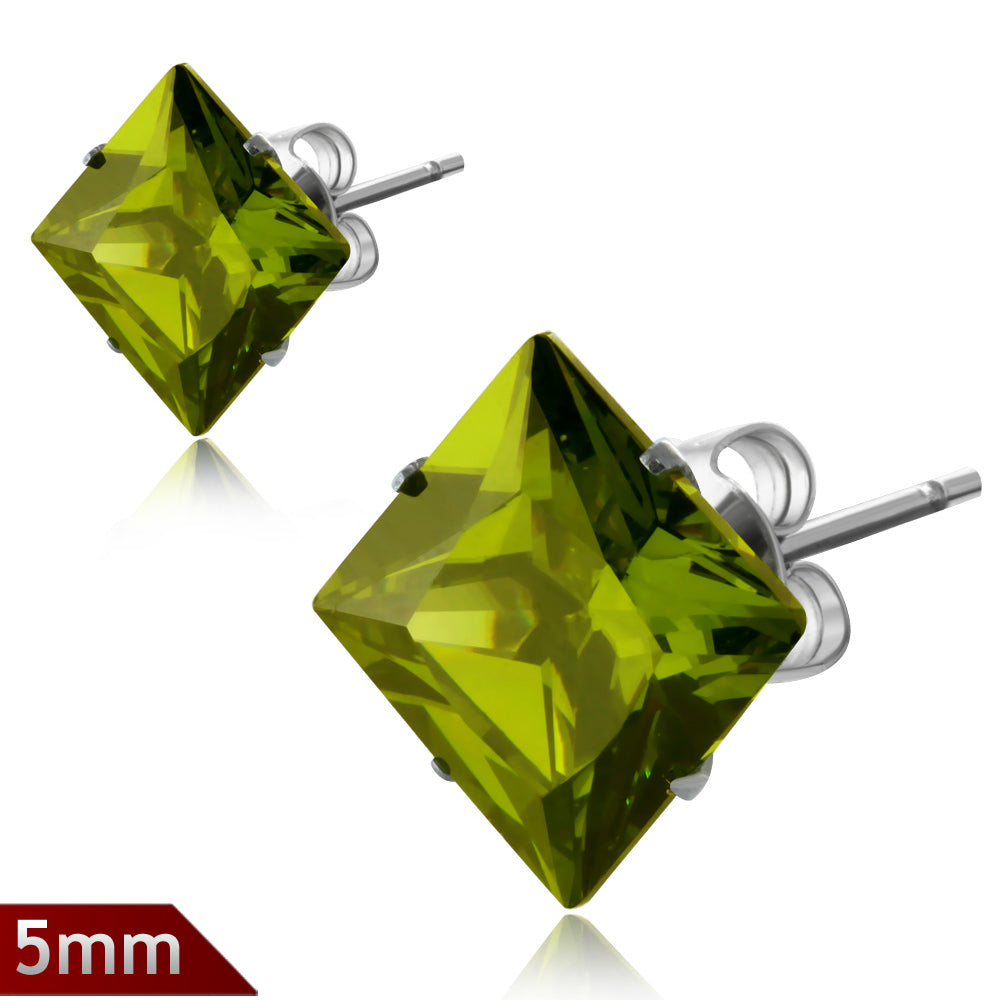 5mm | Stainless Stee Prong-Set Square Stud Earrings w/ Olivine CZ (pair)