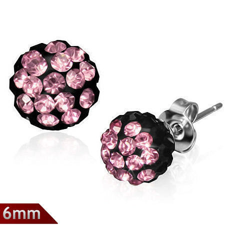 6mm | Stainless Steel Argil Disco Ball Shamballa Stud Earrings w/ Jet Black & Rose Pink CZ (pair)