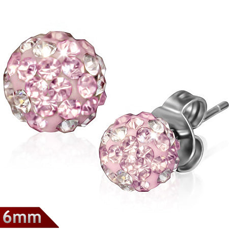 6mm | Stainless Steel Argil Disco Ball Shamballa Stud Earrings w/ Clear & Rose Pink CZ (pair)