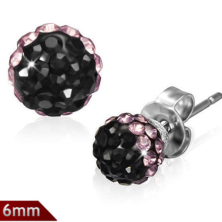 6mm | Stainless Steel Argil Disco Ball Shamballa Stud Earrings w/ Jet Black & Rose Pink CZ (pair)
