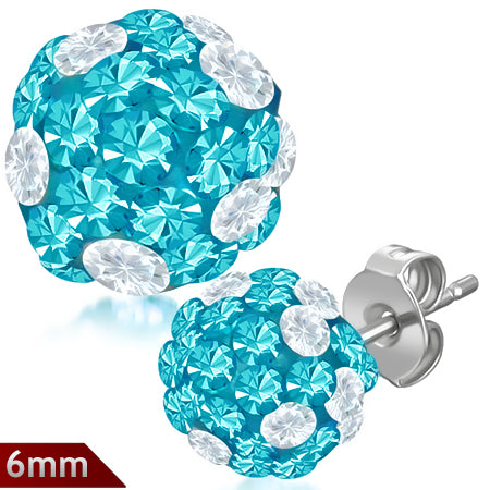 6mm | Stainless Steel Argil Disco Ball Shamballa Stud Earrings w/ Clear & Aquamarine CZ (pair)