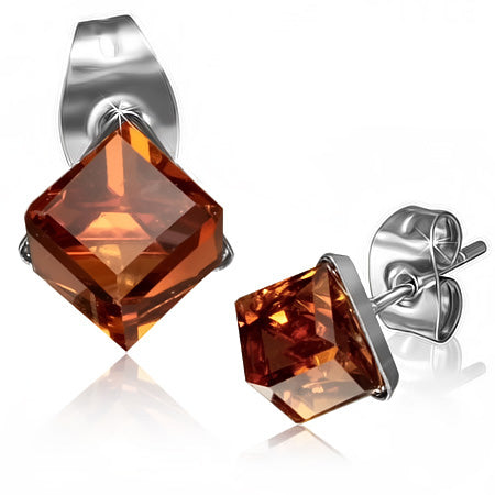 6.5mm | Stainless Steel Stud Earrings w/ Cube Smoked Topaz CZ (pair)