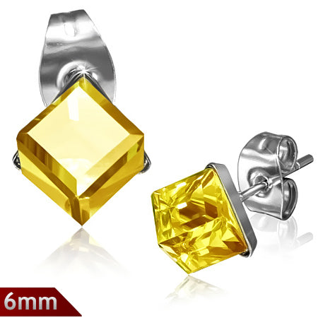 6mm | Stainless Steel Stud Earrings w/ Cube Yellow CZ (pair)
