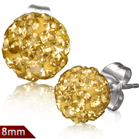 8mm | Stainless Steel Argil Disco Ball Shamballa Stud Earrings w/ Light Topaz CZ (pair)