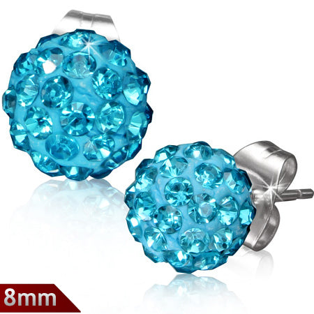 8mm | Stainless Steel Argil Disco Ball Shamballa Stud Earrings w/ Aquamarine CZ (pair)