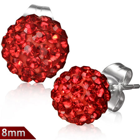 8mm | Stainless Steel Argil Disco Ball Shamballa Stud Earrings w/ Light Siam Red CZ (pair)