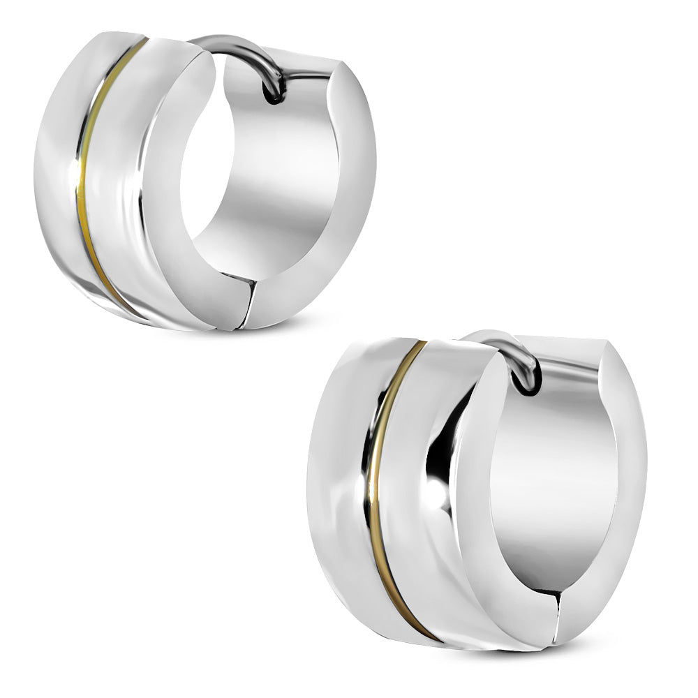 7mm | Stainless Steel 2-tone Center Grooved Hoop Huggie Earrings (pair)